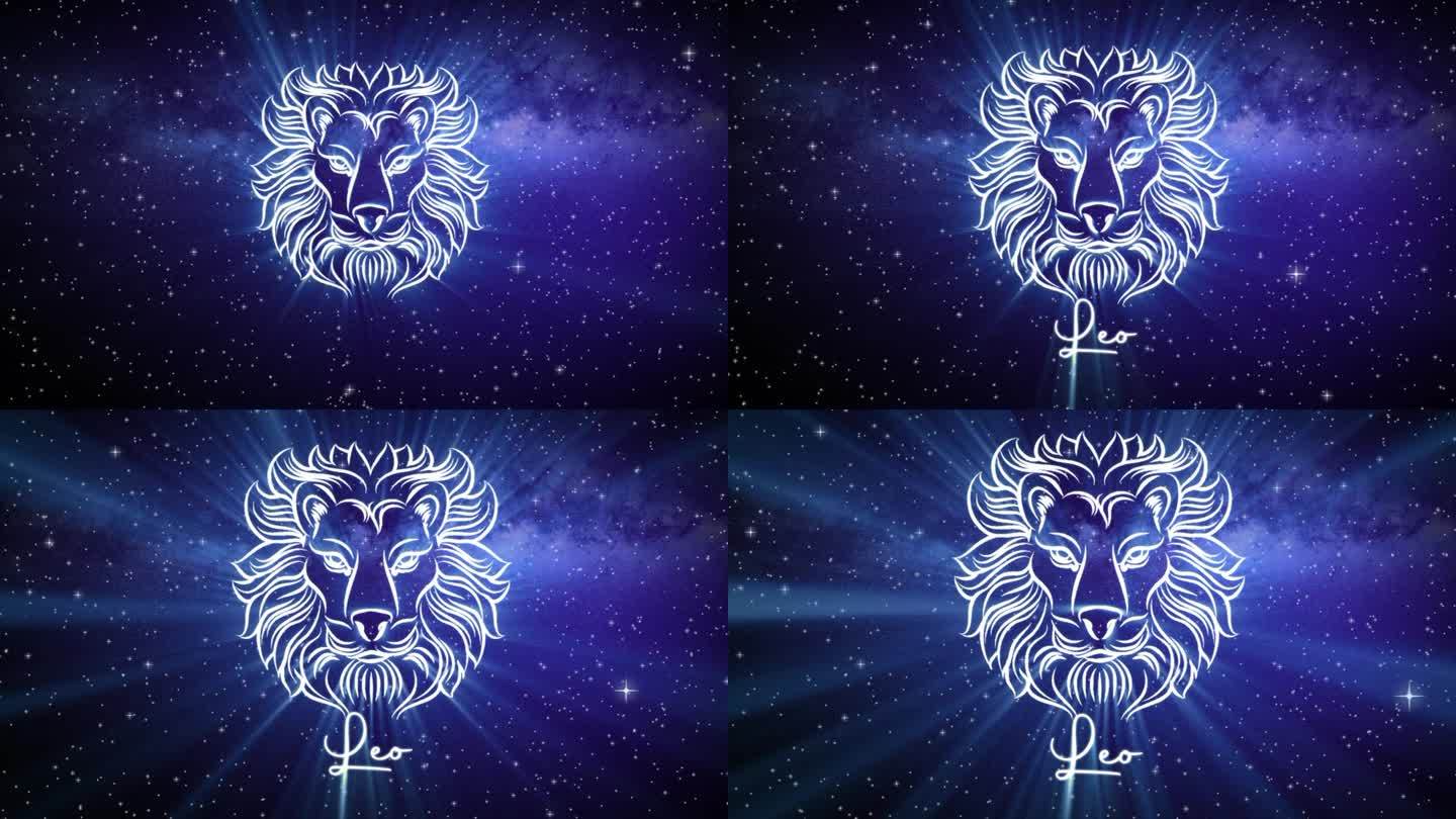 狮子座的占星学星座，在深空的背景上有一个闪闪发光的符号，3D空间中的星星和一个平滑的相机慢慢地推进到
