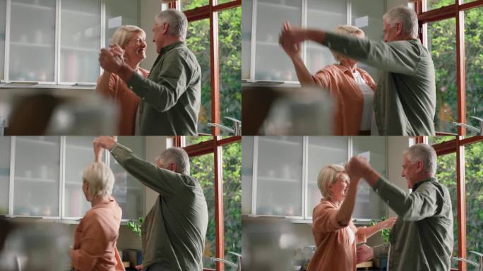 资深舞者夫妇，在厨房里手拉手旋转和快乐，退休后一起爱或回家。老妇人、老人带着兴奋的微笑和舞蹈，在公寓