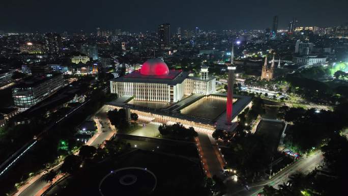 印尼雅加达伊斯蒂克拉尔清真寺城市航拍夜景