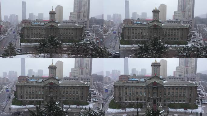 大连中山广场老建筑雪景航拍
