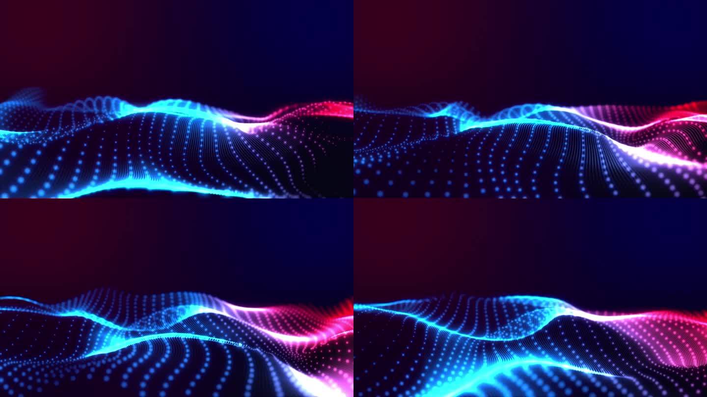 红色和蓝色波浪状粒子流动。