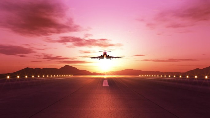 在美丽的粉红色日落时飞机着陆的正面视图