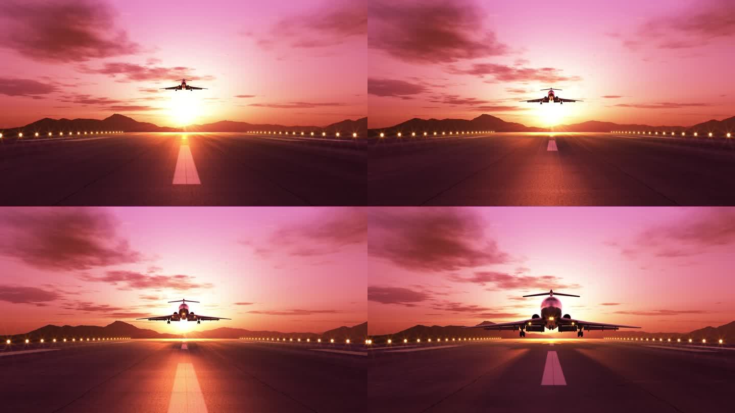 在美丽的粉红色日落时飞机着陆的正面视图