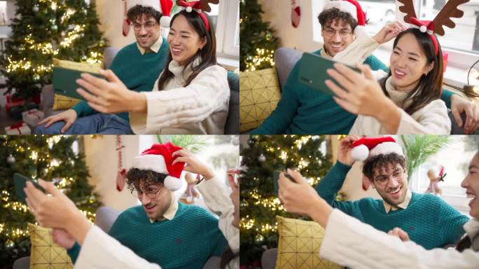 多种族夫妇在视频通话中挥手致意，同时在家中享受圣诞节和新年的气氛
