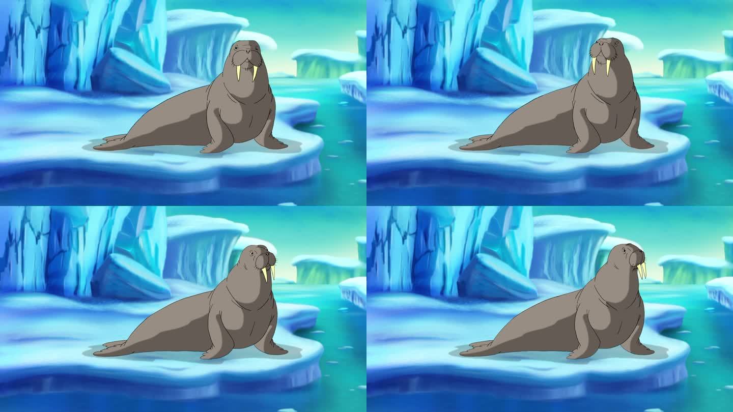 一个巨大的灰色海象坐在一个浮冰高清动画