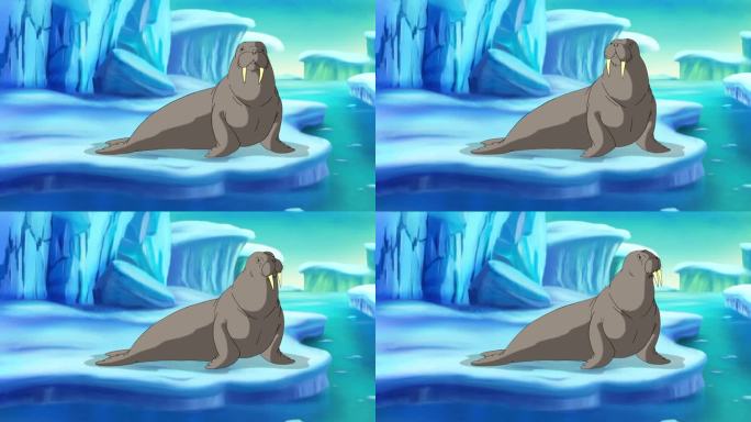 一个巨大的灰色海象坐在一个浮冰高清动画
