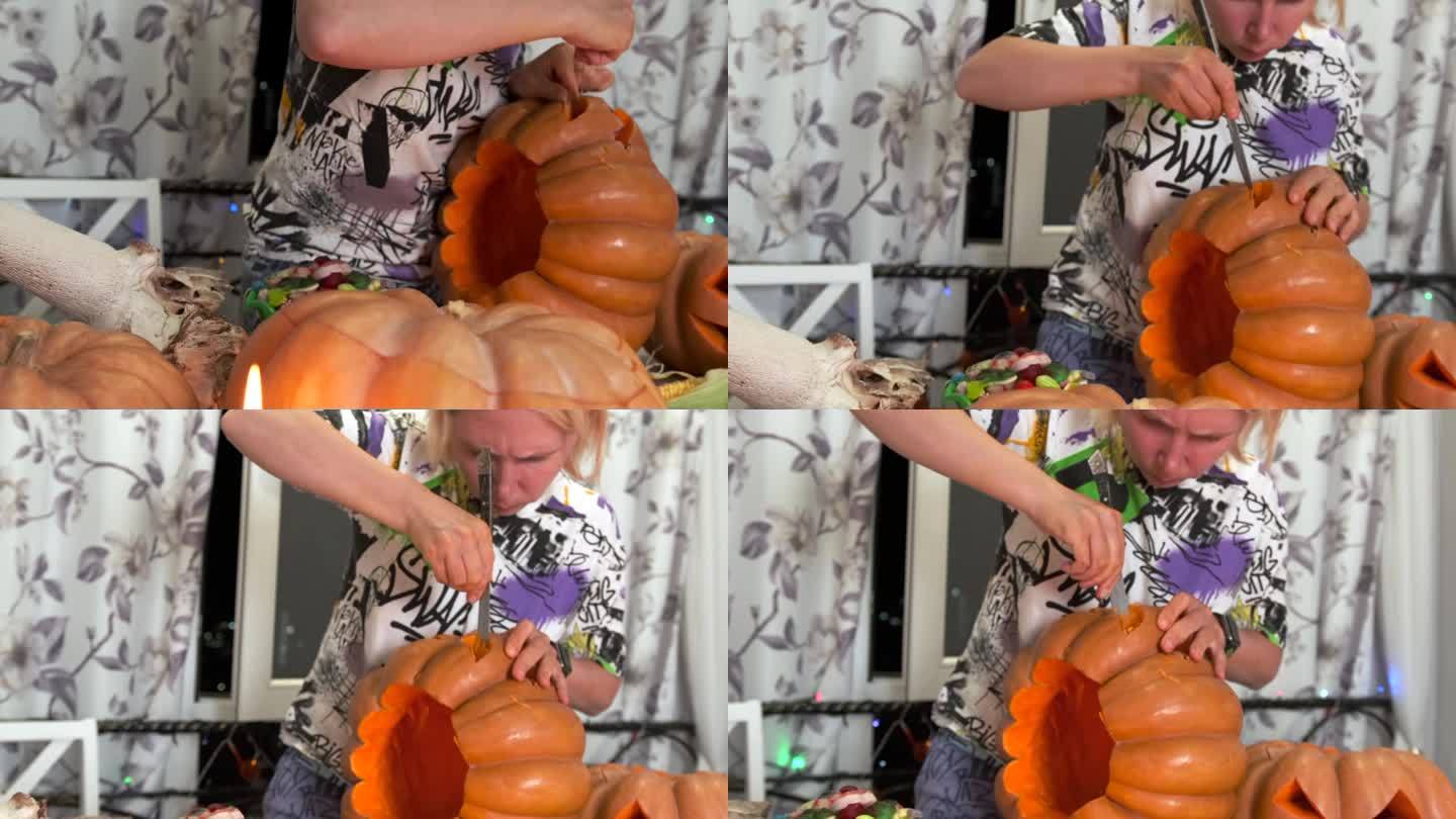 女人用刀仔细雕刻南瓜，准备制作南瓜灯的特写镜头。