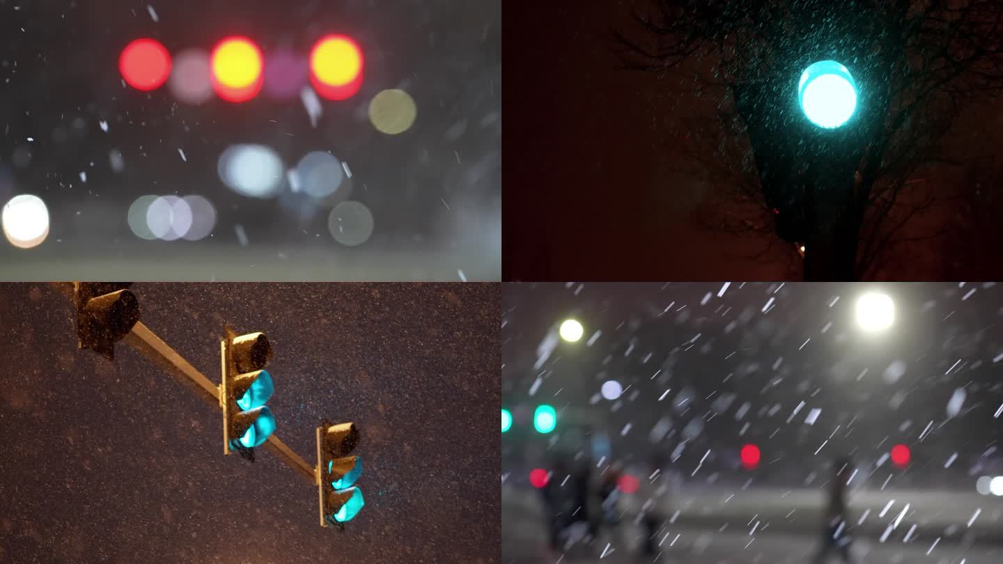 【4K】下雪天的十字路口红绿灯