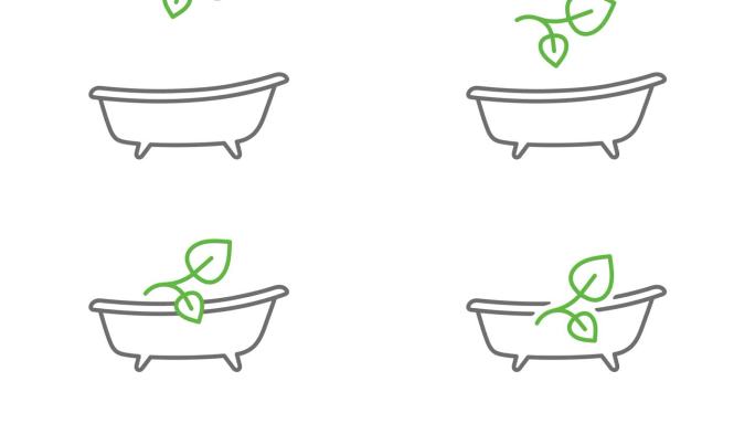 浴室和树叶图形动画。浴缸带有叶片运动设计。4 k的决议