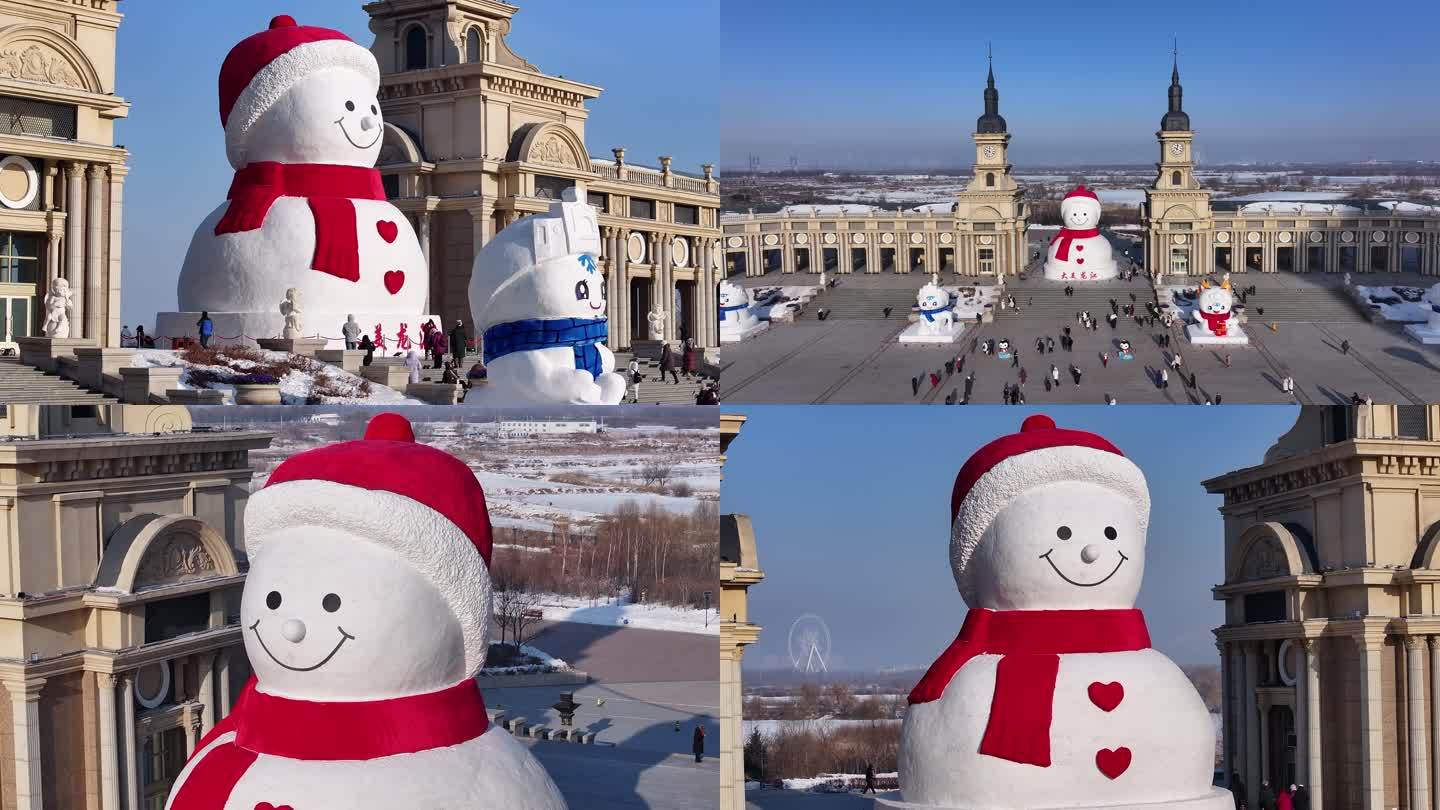 4K哈尔滨音乐长廊大雪人白天航拍