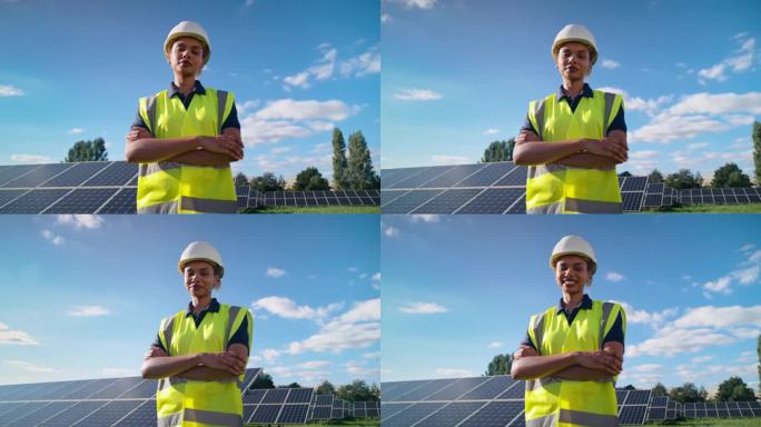 女工程师检查产生可再生能源的室外太阳能电池板的肖像