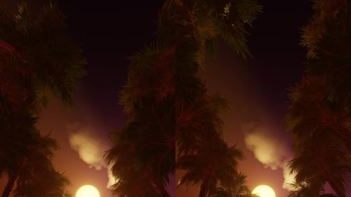 垂直视频的运动通过棕榈巷底部的椰子树在阳光下，风格化的动画。