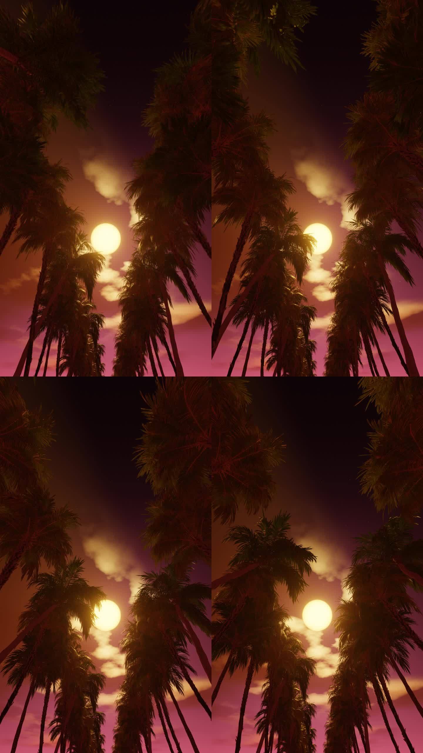 垂直视频的运动通过棕榈巷底部的椰子树在阳光下，风格化的动画。