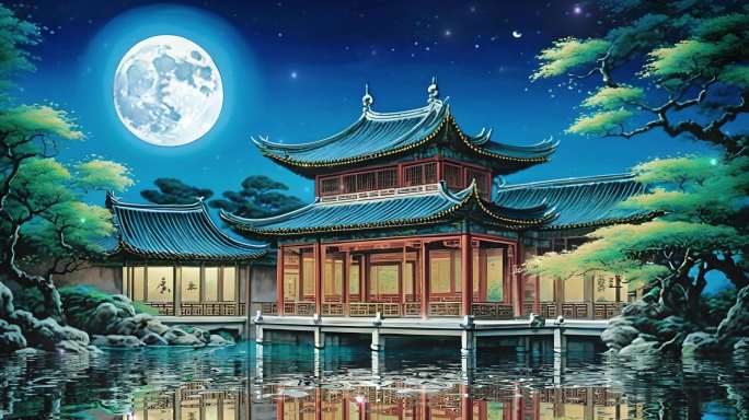 中式水面倒影建筑 月亮