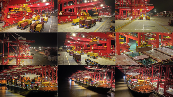 4K上海洋山深水港一期全自动码头夜景航拍