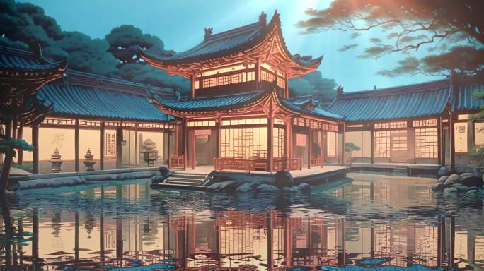 中式建筑水中倒影背景