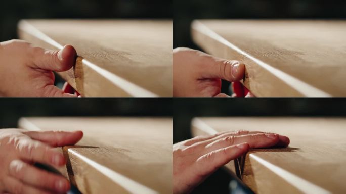 工匠用手用机器打磨木台，男木匠用磨钻设备切割大块木板。