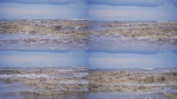 海滩上波涛汹涌，海水浑浊。