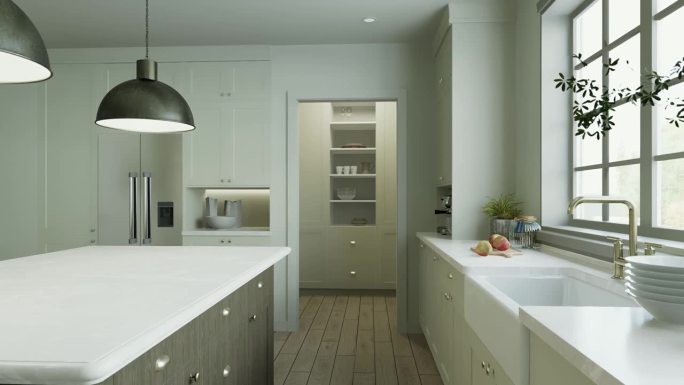 美丽明亮的厨房在一个新的豪华房子在传统的风格。设有木岛台、白石台面、橱柜和带厨房电器的木地板。三维动