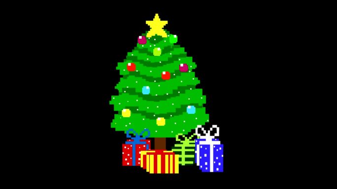 动画圣诞场景在像素艺术风格与圣诞树在黑色背景。