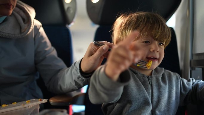 母亲在火车上喂孩子，儿子在旅途中吃东西。一家人在欧洲乘坐高速交通工具旅行