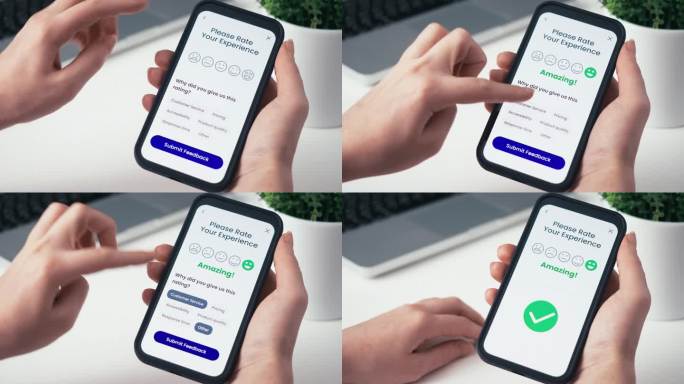 通过智能手机上的应用程序留下积极的客户反馈。良好的客户体验和良好的性能。顾客满意概念。