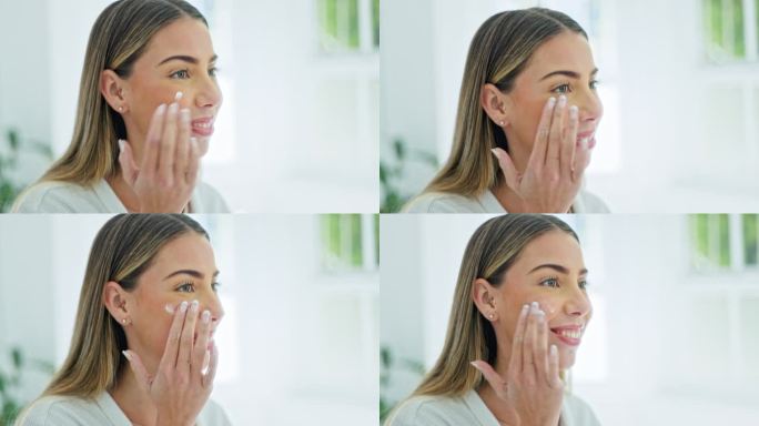 快乐的女人，在护肤品中使用面霜，在家里的浴室化妆品中使用卫生或保湿霜。女性微笑着涂抹乳液，对皮肤产品