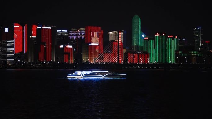 杭州CBD夜景·江边·桥·船