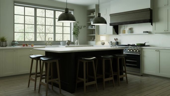 美丽明亮的厨房在一个新的豪华房子在传统的风格。设有木岛台、白石台面、橱柜和带厨房电器的木地板。三维动