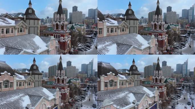 大连俄罗斯风情街雪景航拍