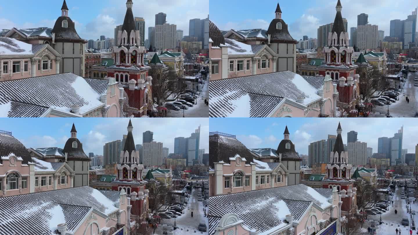 大连俄罗斯风情街雪景航拍