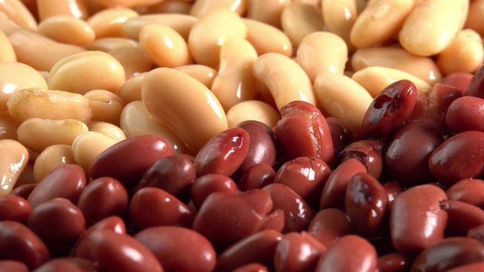 红芸豆和白芸豆罐头旋转背景特写侧视图。有机蒸豆。墨西哥菜的腌豆