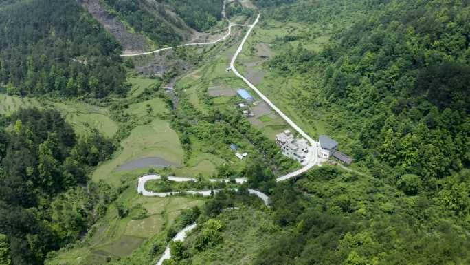 青山绿水河边小路航拍