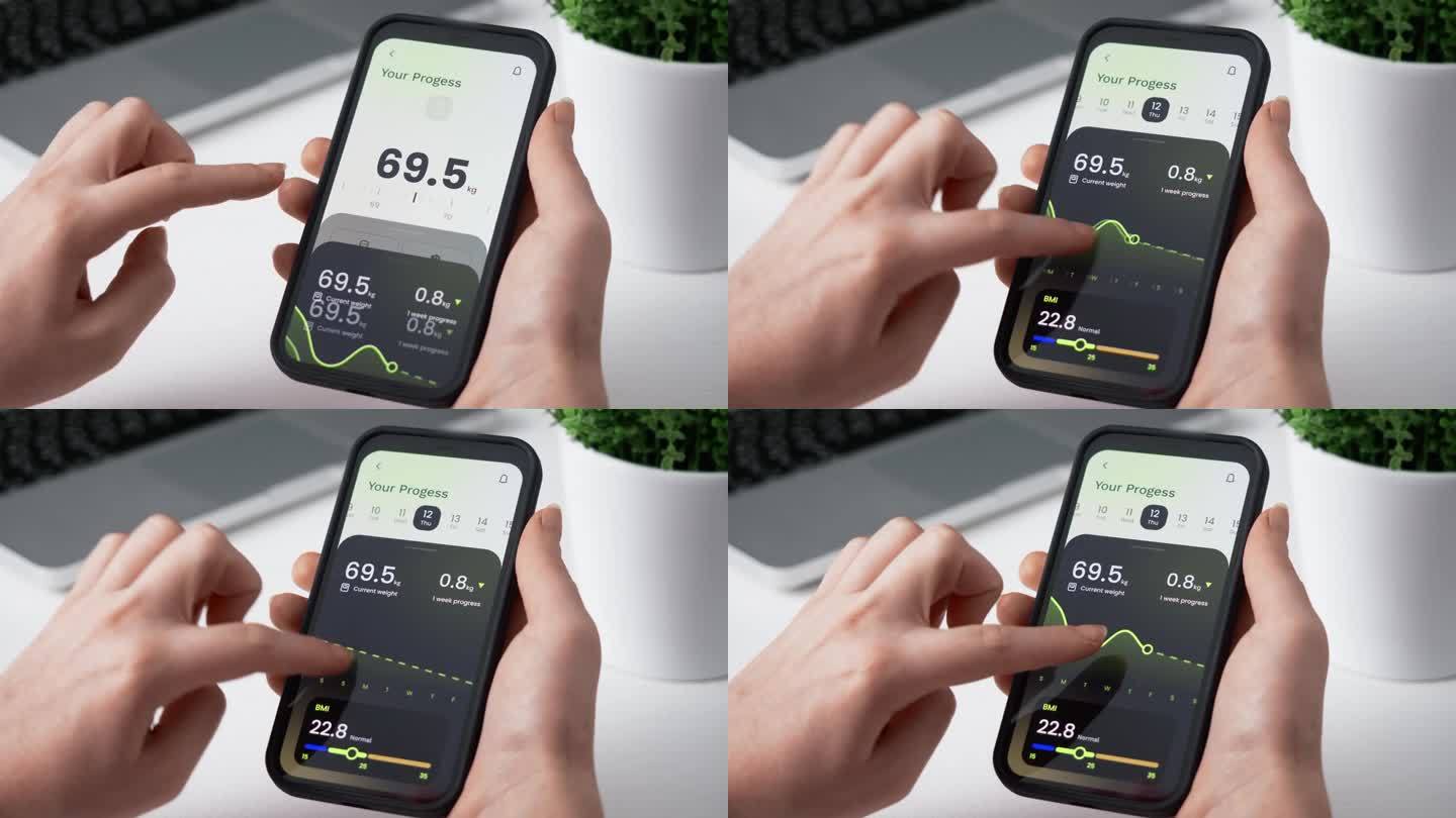跟踪减肥进度。使用手机健身app监测减肥情况。