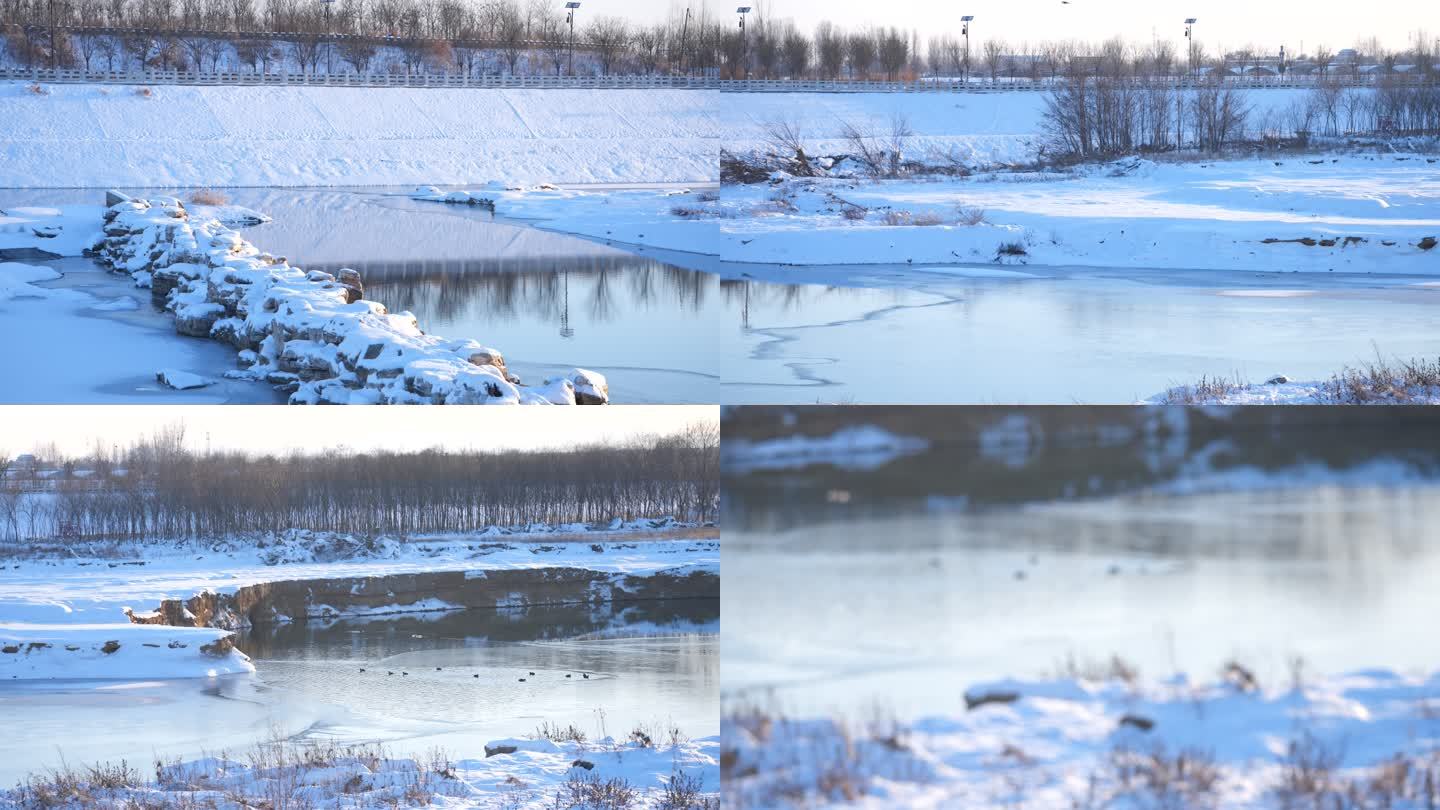 航拍雪景公路交通 湿地雪景 航拍雪景城市