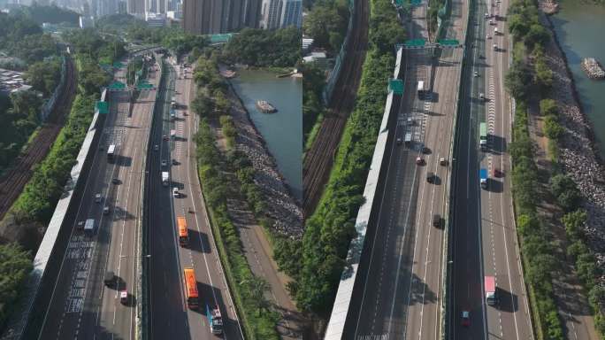 香港大埔区吐露港公路城市高架桥早晨交通情况