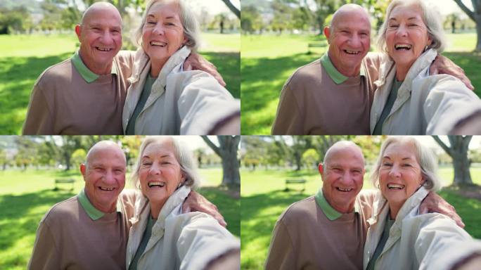 幸福的夫妇在公园的脸，长辈和自拍，以表达爱，支持和联系。为户外自然社交媒体拍摄的花园老人肖像、头像和