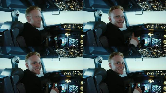 航空飞行员在飞机座舱里看着相机，用手势近距离微笑。男飞行员在飞机舱内驾驶飞行中的飞机。飞行导航的飞行