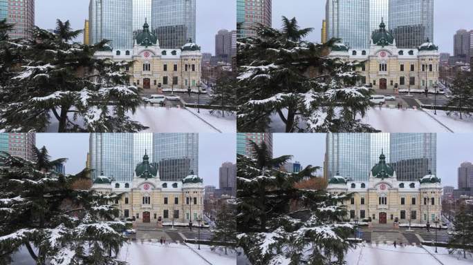 大连中山广场老建筑雪景航拍