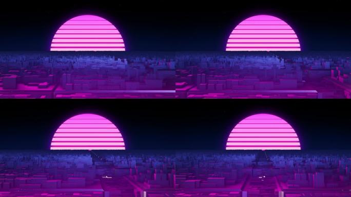 新潮的复古未来主义粉色和蓝色霓虹灯在赛博朋克城市中的3d道路，背景是太阳。3 d渲染。Retrowa