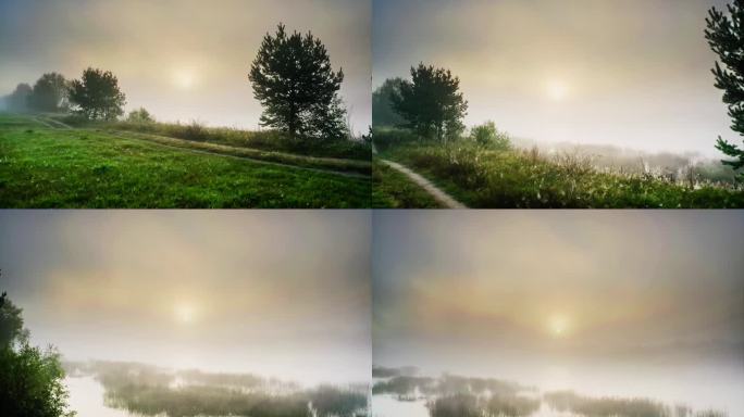 黎明时分，河上有一层厚厚的、难以穿透的白雾。草地上的露珠，第一缕阳光异想天开地冲破薄雾，四周的松林，