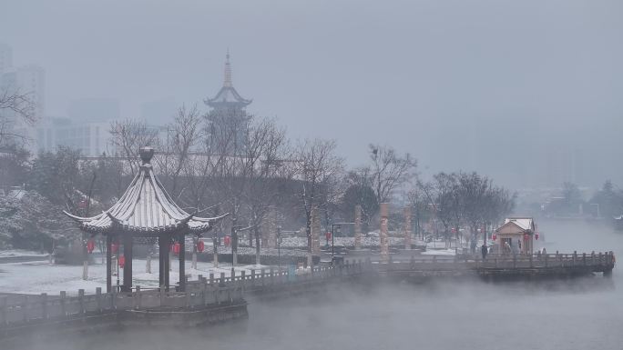 雪后江苏淮安里运河文化长廊风景