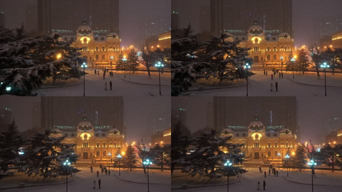 大连中山广场下雪夜景航拍