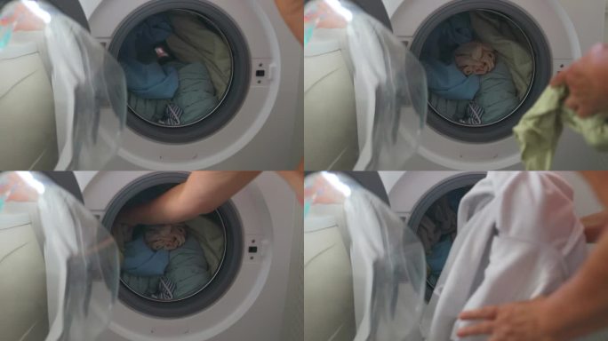 白种老年妇女把脏衣服放进洗衣机。快乐的女孩做家务坐在洗衣机前，把家里的衣服洗得脏兮兮的。