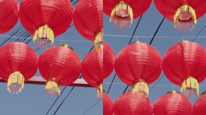 唐人街地区的中国新年灯笼。垂直视频。