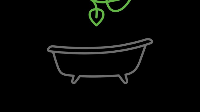 浴室和树叶图形动画。阿尔法通道。浴缸与叶子透明背景运动设计。4 k的决议