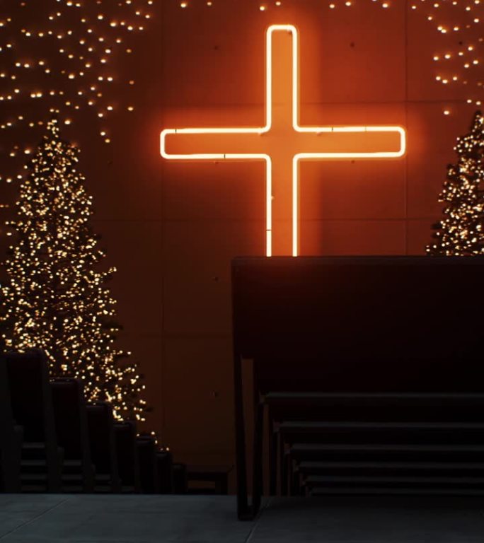 神圣的光芒:在教堂内，神圣的霓虹灯从十字架上散发出来，在温暖的拥抱中笼罩着神圣的空间，突出了装饰着节