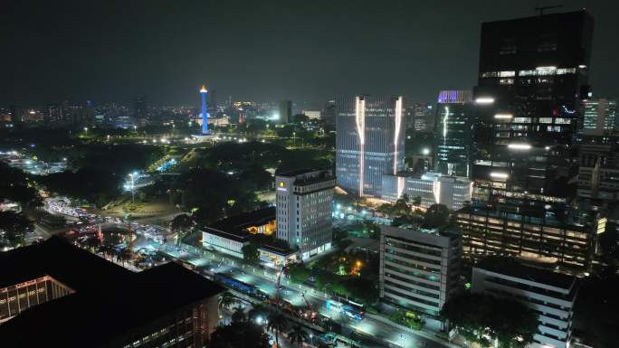 印尼雅加达独立广场城市高楼航拍夜景风光