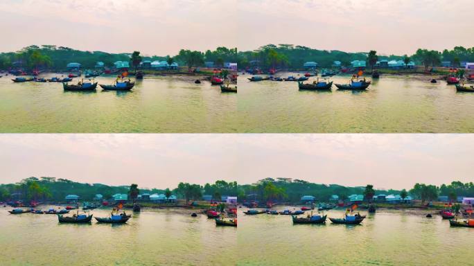 在孟加拉国孙德班渔村附近的河流上航行的传统木船。慢动作