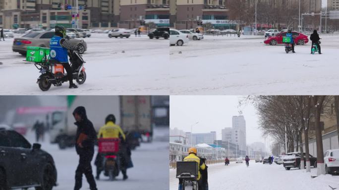 下雪天 送外卖 风雪中穿行 升格慢镜头